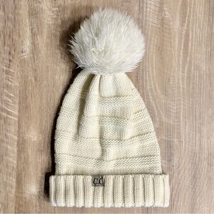 Ivory C.C Brand Textured Knit Cuffed Beanie Pom Pom Winter Hat Ski Cap Slouch